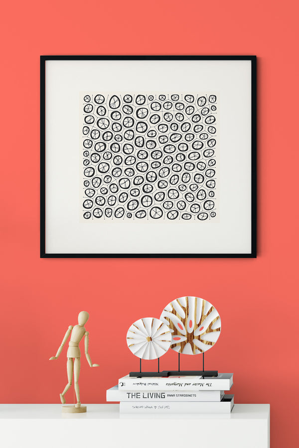 Coral Graphic Print by Household Art | Janet Taylor hung on a wall painted in Pantone Color of the Year Living Coral.