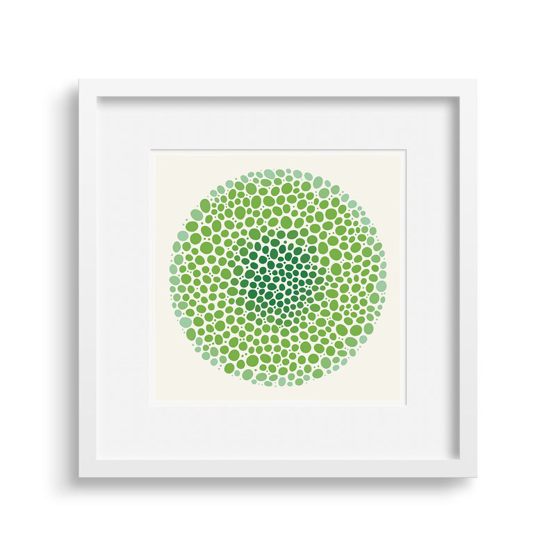 White framed version of a vibrant graphic fine art print in shades of green, by Janet Taylor | Household Art.