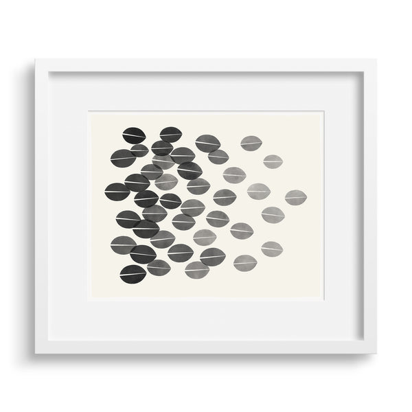 White framed version of a monochrome print with a graphic interpretation of dried leaves by Janet Taylor | Household Art.