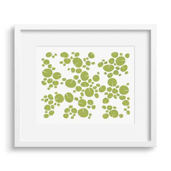 White framed version of modern graphic print of pattern of water lilies on a pond. Limited Edition Archival print by Janet Taylor | Household Art.