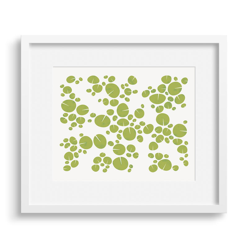 White framed version of modern graphic print of pattern of water lilies on a pond. Limited Edition Archival print by Janet Taylor | Household Art.