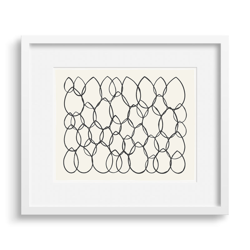 White framed version of a limited edition print of a graphic riff on the shape of leaves by Janet Taylor | Household Art.