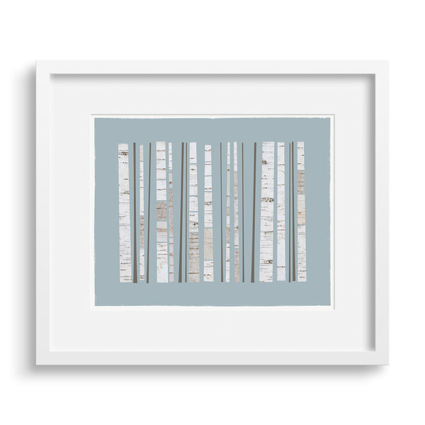 White framed version of a graphic Fine Art print of a grove of birch trees, by Janet Taylor | Household Art.