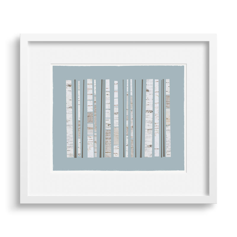 White framed version of a graphic Fine Art print of a grove of birch trees, by Janet Taylor | Household Art.