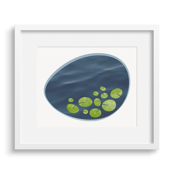 White framed version of a contemporary art print, an interpretation of a lily pond. Limited Edition Archival print by Janet Taylor | Household Art.