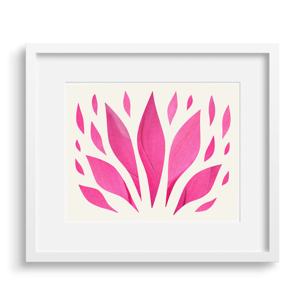 White framed version of a modern print of the glory of a red sister plant, by Janet Taylor | Household Art.