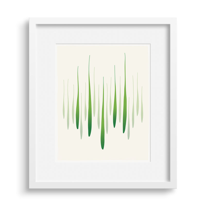 White framed version of a limited edition fine art print that captures the energy and greens of spring in graphic form, by Janet Taylor | Household Art.