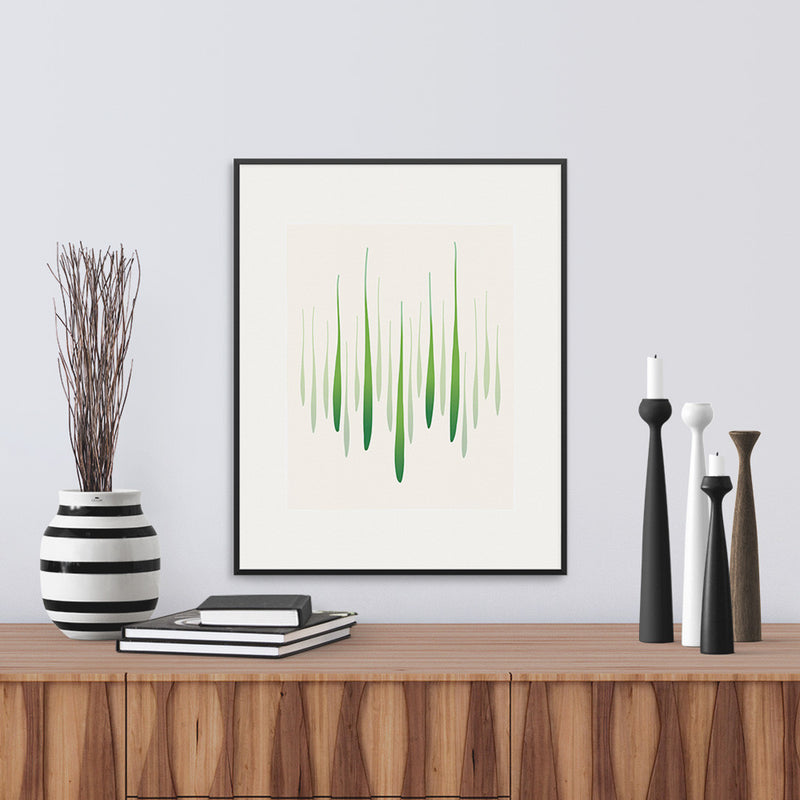 Framed version of ‘Reed Rise’ a limited edition fine art print that captures the energy and greens of spring in graphic form, by Janet Taylor | Household Art.