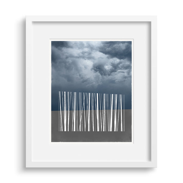 White framed version of ‘Stand’, a limited edition art print of a silhouette of stylized trees against the sky, by Janet Taylor | Household Art.
