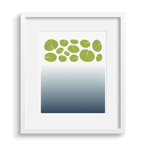 White framed version of a limited edition print “Surface”, based on the depths of a lily pond. Limited edition archival art print. by Janet Taylor | Household Art