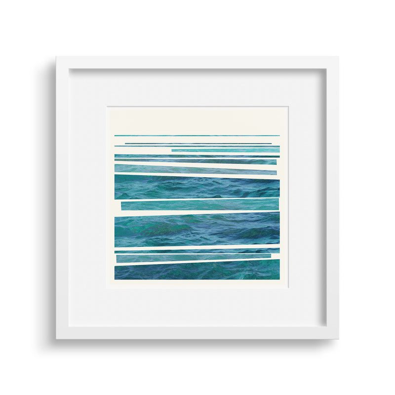 White framed version of ‘Syncopated Shore’, a striking graphic print of the rhythm of waves breaking on the shore, by Janet Taylor | Household Art.