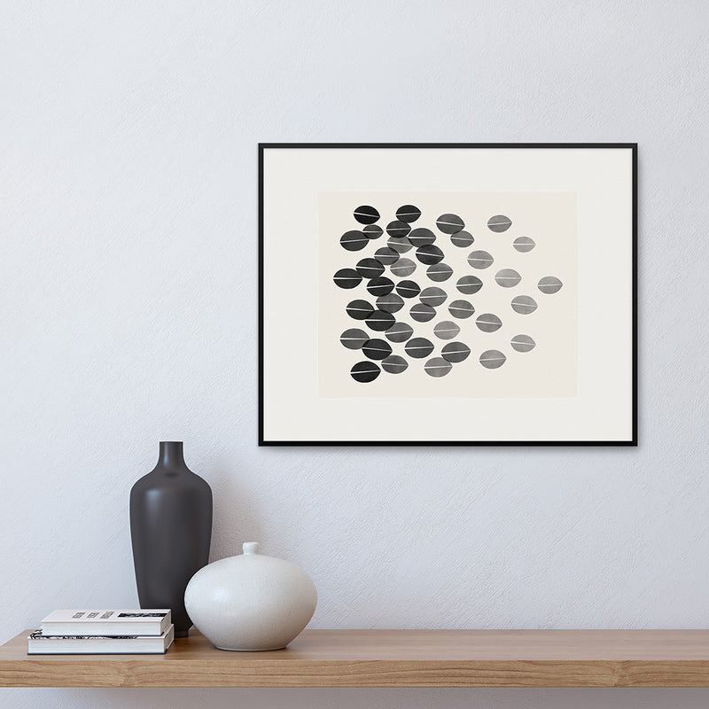 Framed version of a monochrome print with a graphic interpretation of dried leaves by Janet Taylor | Household Art.
