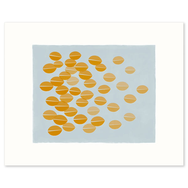 Graphic print of ochre leaves rustling in the breeze by Janet Taylor | Household Art.