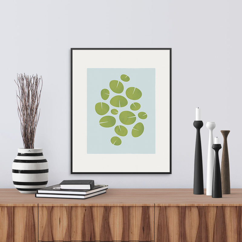 Framed version of modern graphic print of waterlilies “Dance”. Limited Edition Archival print by Janet Taylor | Household Art.