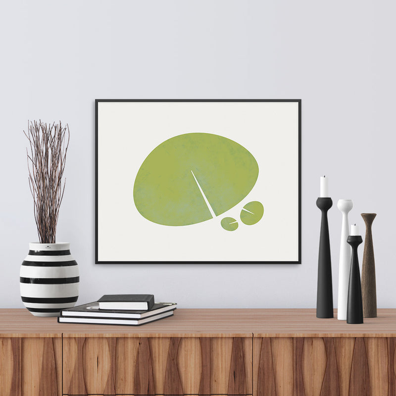 Framed view of Lily leaf graphic image in green. Limited Edition Fine Art Print, by Janet Taylor | Household Art.