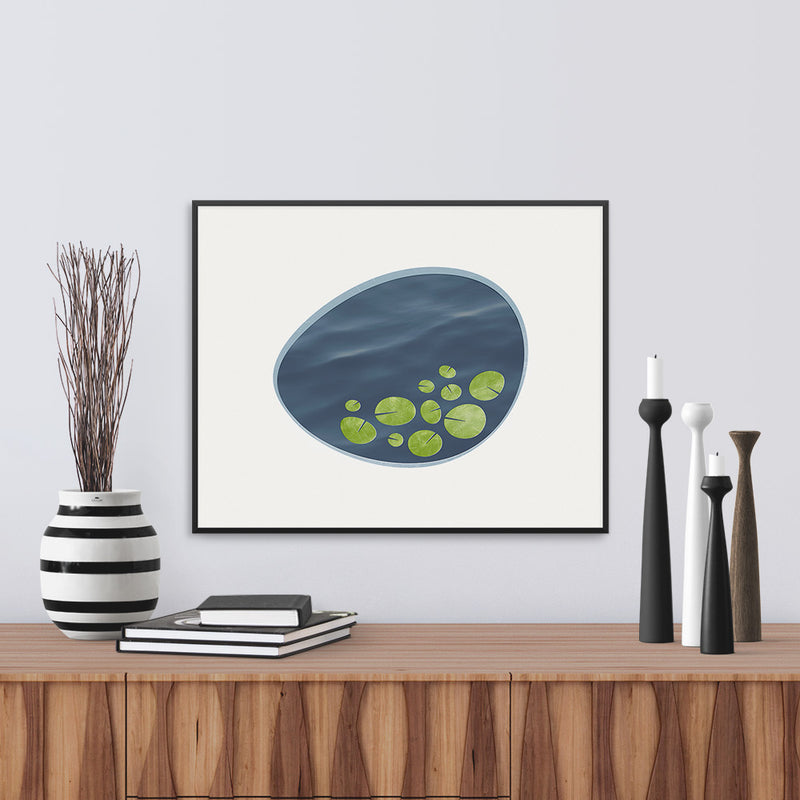 Framed view of a contemporary art print, an interpretation of a lily pond. Limited Edition Archival print by Janet Taylor | Household Art.