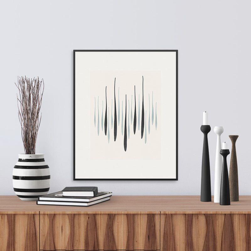 Framed version of ‘Reed Rise Graphic’, a limited edition monochrome fine art print that captures the energy of spring in graphic form, by Janet Taylor | Household Art.
