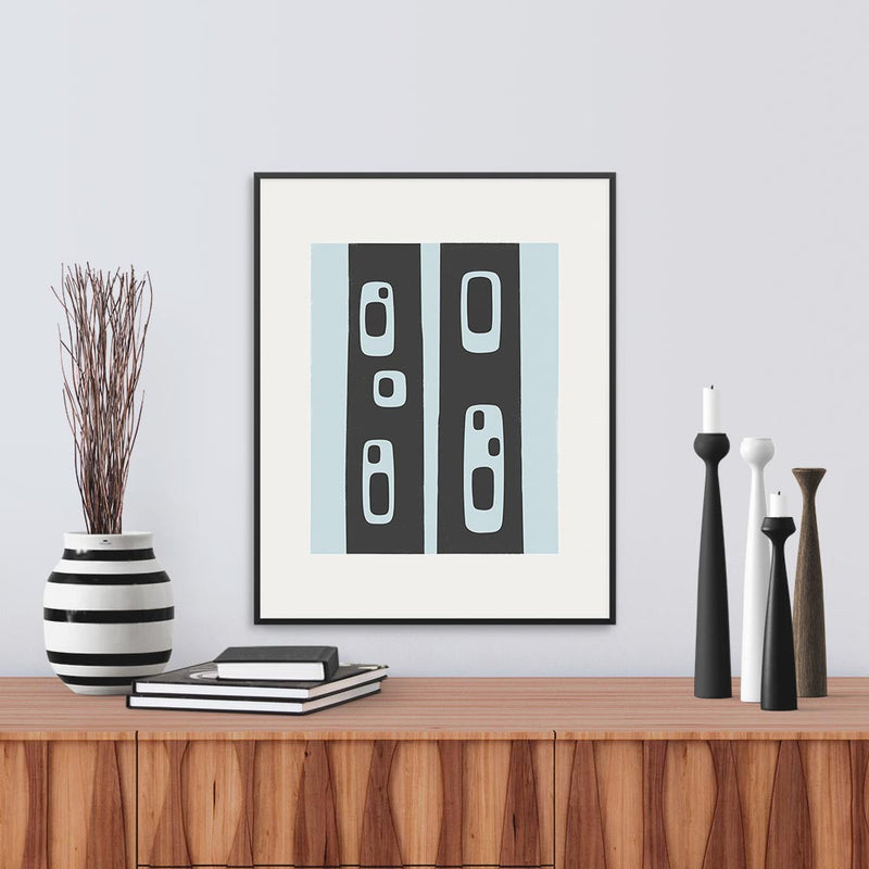 Framed version of ‘Snag’, a modern graphic print abstracted from the pattern of holes in standing tree trunks, by Janet Taylor | Household Art.