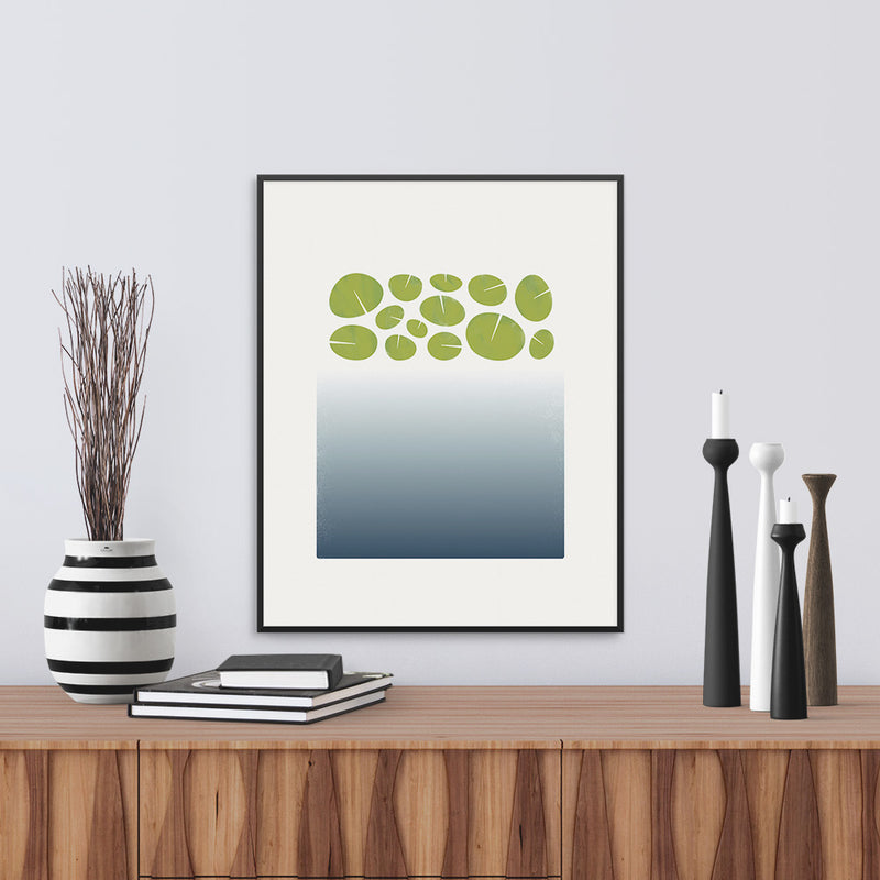 Framed version of a limited edition print “Surface”, based on the depths of a lily pond. Limited edition archival art print. by Janet Taylor | Household Art