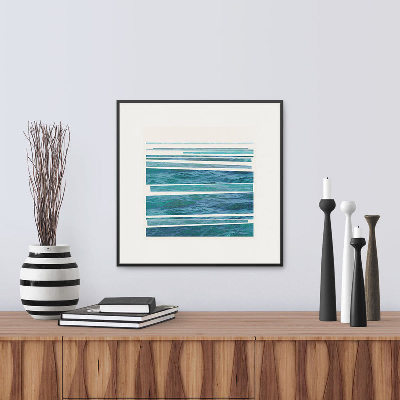 Framed version of ‘Syncopated Shore’, a striking graphic print of the rhythm of waves breaking on the shore, by Janet Taylor | Household Art.