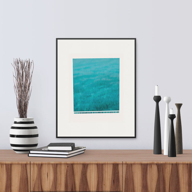 Framed version of fine art print “Wave”, A wave crashing down, frothing at the bottom, by Janet Taylor | Household Art.